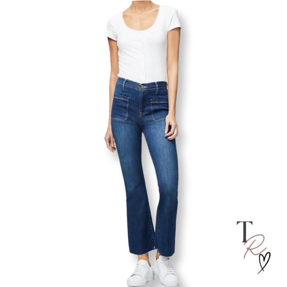 FRAME Le Bardot Crop Flare Jeans Raw Hem Medium Wash Menara Size 27